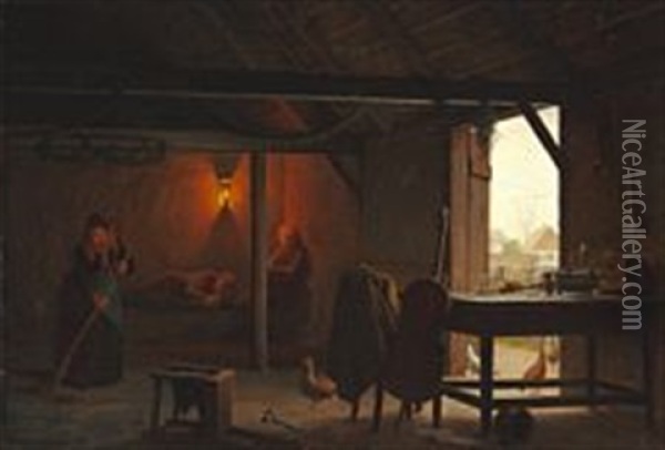 Morning In The Barn After A Party Oil Painting - Johann Julius Exner