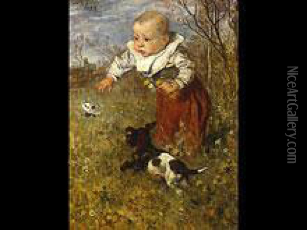 Blumenpfluckendes Kleinkind Im Garten, Das Einen Schmetterlingfangt. Davor Ein Hundchen Oil Painting - Wilhelm Von Diez