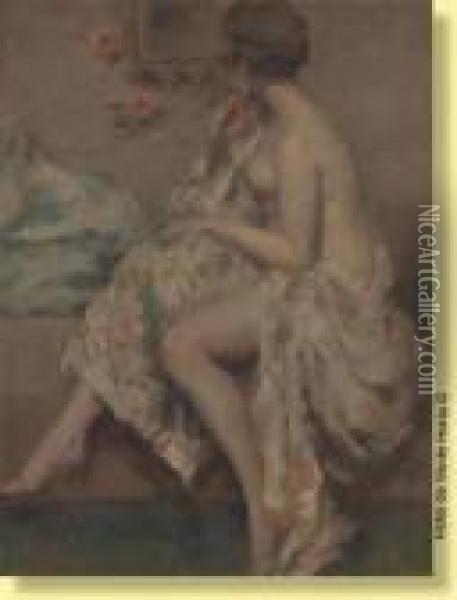 Jeune Femme En Deshabille Se Mirant Oil Painting - Henri Moreau