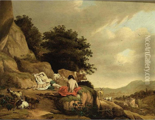 An Arcadian Landscape With A Nymph And A Shepherd Resting Together With Goats And A Cow Oil Painting - Cornelis Van Poelenburch