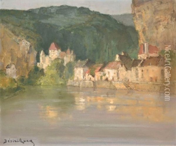Village Et Chateau A La Riviere Huile Sur Toile Oil Painting - Louis Marie Desire-Lucas
