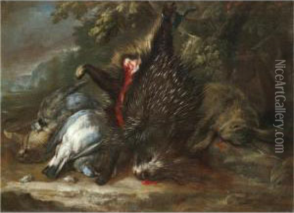 A Still Life With Dead Game And A Porcupine Hanging From A Branch Oil Painting - Baldassare De Caro