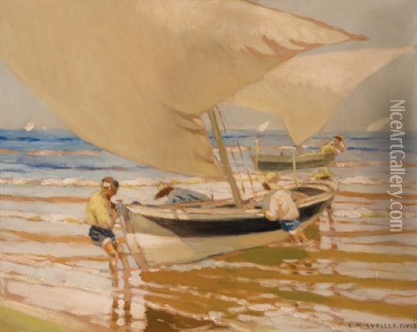 Pescadores Junto Al Mar Oil Painting - Enrique Martinez Cubells y Ruiz