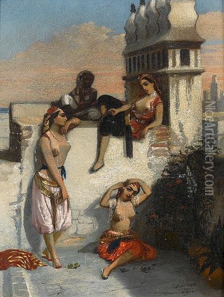 On A Terrace In Algiers Oil Painting - Emmanuel Joseph Lauret