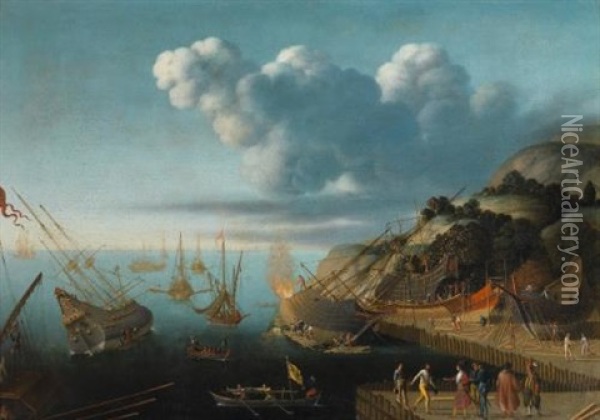 Vue D'un Chantier Naval En Mediterranee Oil Painting - Agostino Tassi