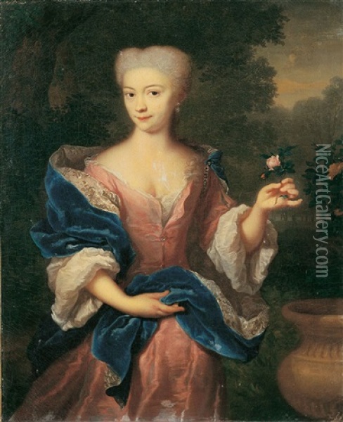 Bildnis Der In Einem Park Stehenden Anna Maria Calkoen, Geb. Muyssart (1703-1729), Die Eine Rose In Der Hand Halt Oil Painting - Arnold Boonen