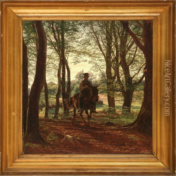 Man On Horseback In A Forest Oil Painting - Johan Didrik Frisch
