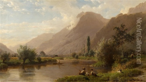 Flusslandschaft Mit Fischern Oil Painting - Karl Girardet
