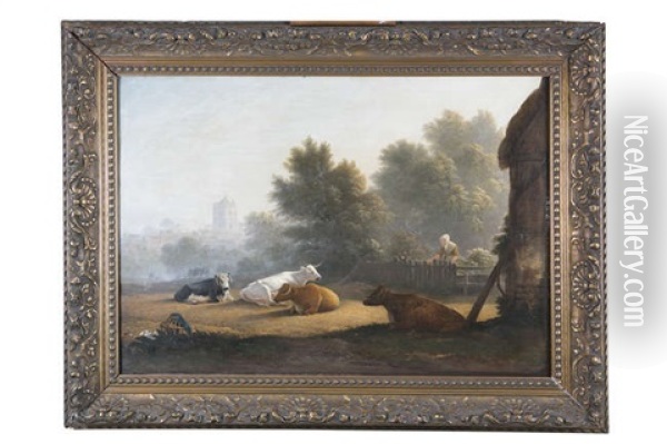 Figures By A Farmstead With Cattle Resting In The Foreground Oil Painting - John Glover