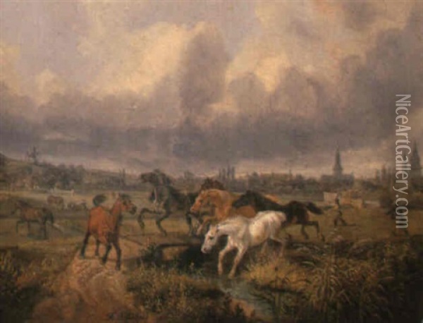 Horses Frightened By Herders Oil Painting - August Franz Schelver
