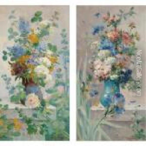 Still Life With Flowers: A Pair Of Paintings Oil Painting - Eugene Henri Cauchois