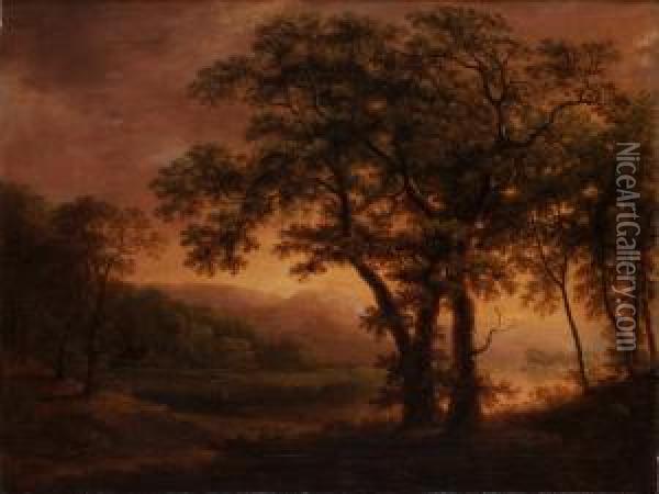 Romantiskt Insjolandskap Oil Painting - Carl Johan Fahlcrantz