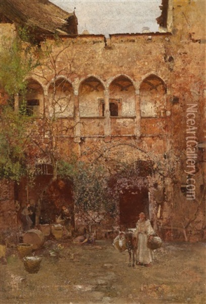 Blick In Einen Italienischen Klosterhof Oil Painting - Robert Russ