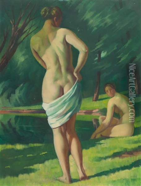 Zwei Badende Oil Painting - Adolf Erbsloeh