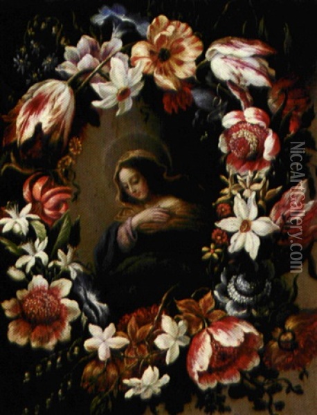 Madonna Omgivet Af Blomsterkrans Oil Painting - Daniel Seghers
