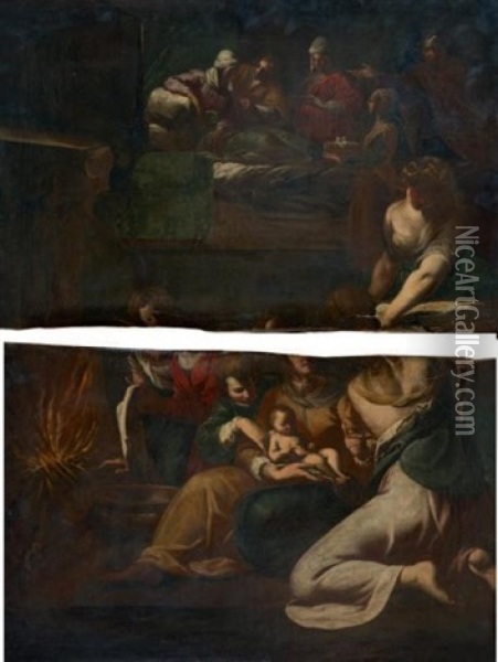 La Naissance De La Vierge (in 2 Parts) Oil Painting - Giovanni Andrea (il Mastelletta) Donducci