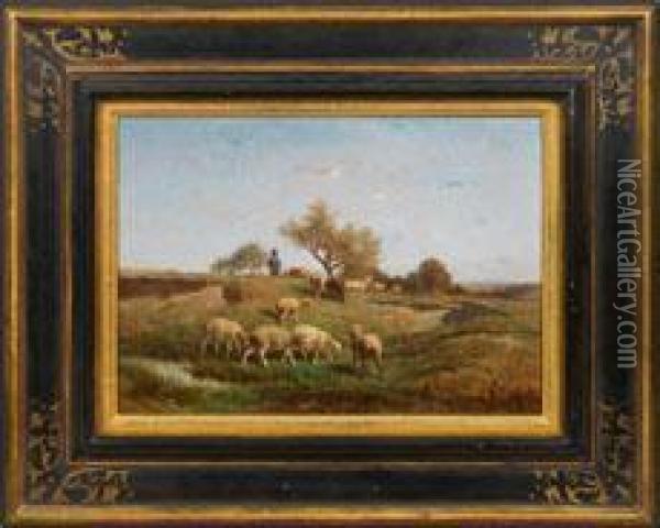 Schafer Mit Seiner Herde In Stimmungsvoller Sommerlandschaft Oil Painting - Felix Saturnin Brissot de Warville