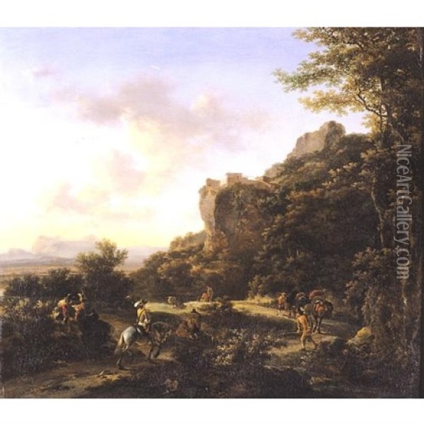 Mountainous Landscape With Travellers Along A Road Oil Painting - Jan Dirksz. Both