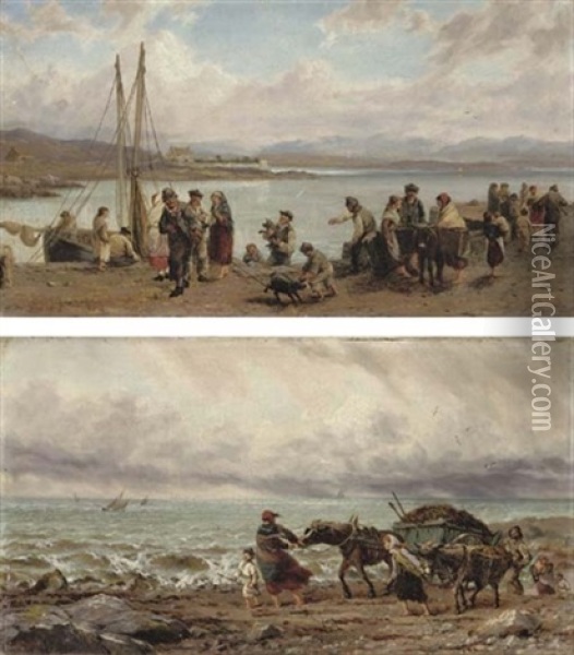 Weed Gatherers, West Coast Of Ireland (+ Morning Of The Fair, Roundstone Quay, Connemara; 2 Works) Oil Painting - Thomas Rose Miles