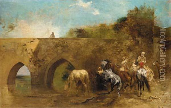 Bedouins Watering Their Horses Oil Painting - Eugene Fromentin