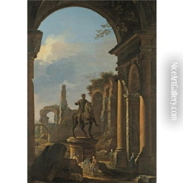 A Capriccio Of Roman Ruins With Figures By An Equestrian Statue Of Emperor Marcus Aurelius Oil Painting - Domenico Roberti