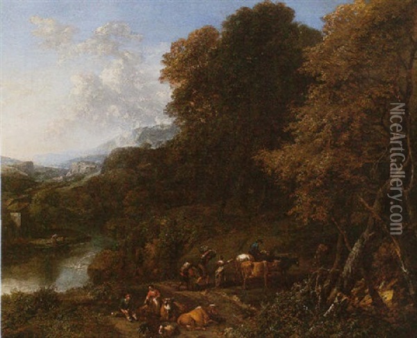A Wooded River Valley Landscape With Drovers And Cattle Oil Painting - Cornelis Huysmans