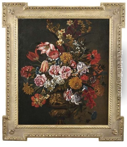 Blumenstilleben In Einer Reliefierten Vase Mit Putto Und Lowe Vor Dunklem Hintergrund Oil Painting - Francesco Mantovano