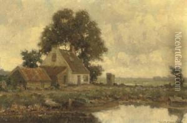 Bij Voorschoten: A White Farmhouse Oil Painting - Gerardus Johannes Delfgaauw
