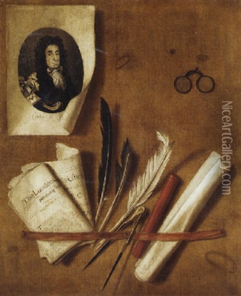 A Trompe L'oeil Still Life Of An Engraving Of King Charles Ii, Newspapers, Feathers, A Compass, And A Sealing Wax Stick Oil Painting - Edward Collier