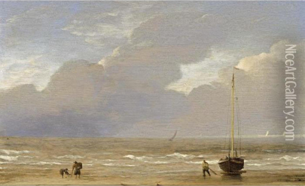 A Dutch Fishing Pink Hauled Up On The Shore On A Breezy Day Oil Painting - Adrian Van De Velde