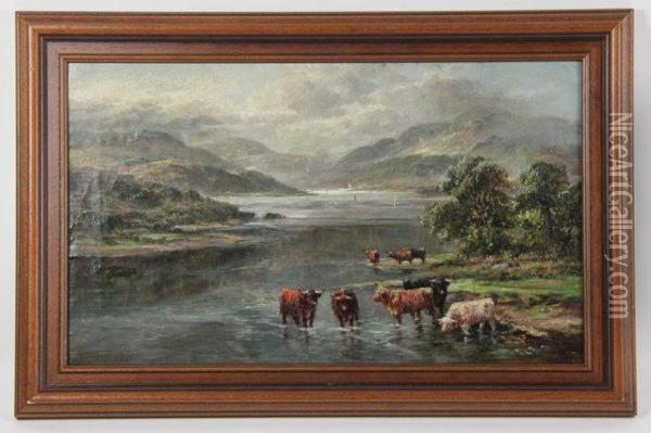 Highland Cattle Watering By The Edge Of A Loch Oil Painting - William Langley