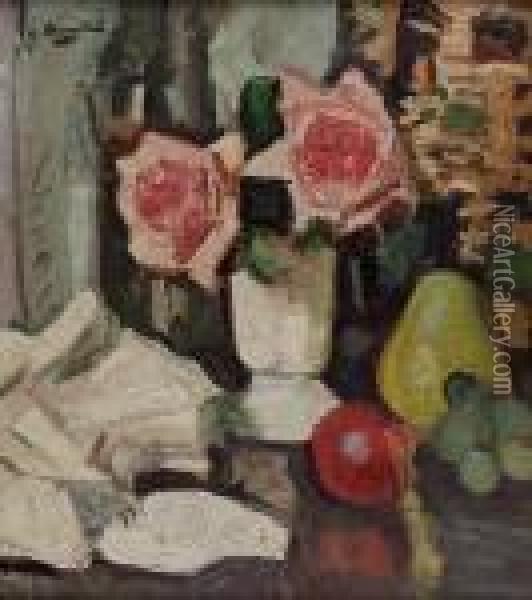 Still Life Of Pink Roses And Fruit Oil Painting - George Leslie Hunter