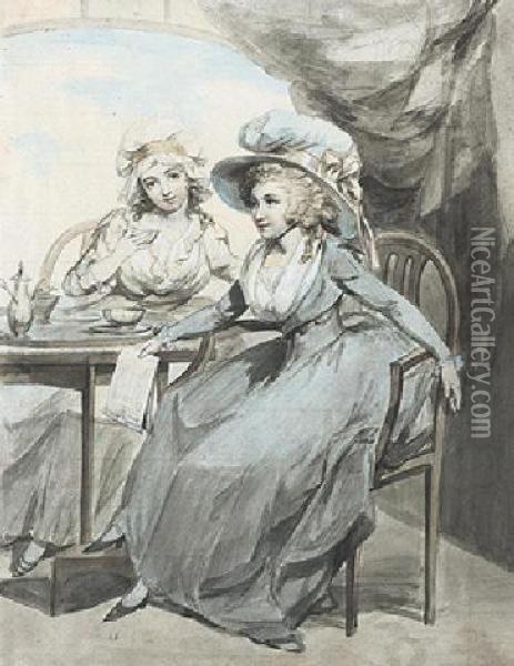 Ladies In An Interior Drinking Tea Oil Painting - Francis Wheatley
