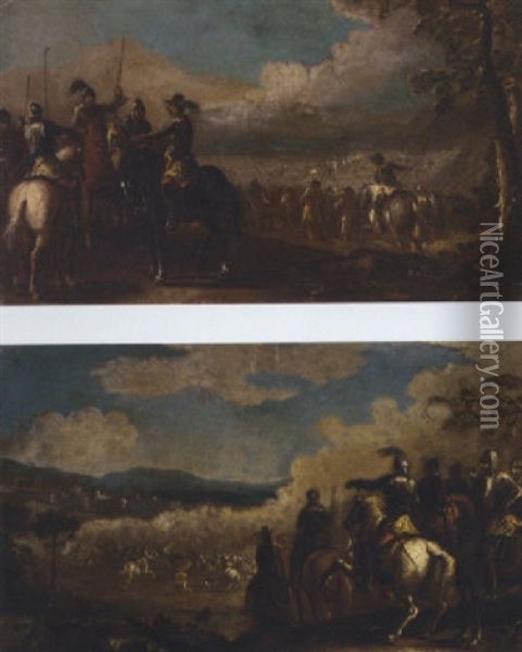 A Cavalry Skirmish With Officers Conversing In The Foreground Oil Painting - Jacques Courtois