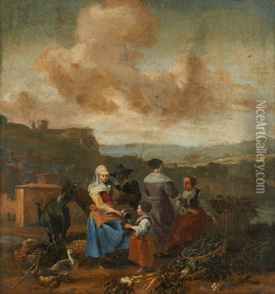 Scene Campagnarde Avec Trois Femmes Et Un Enfant Oil Painting - Johannes Lingelbach