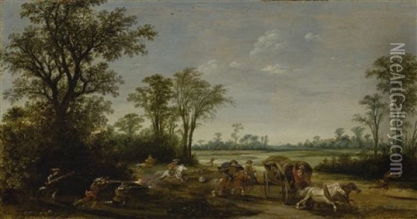 Landscape With Travelers Ambushed On A Road At The Edge Of A Forest Oil Painting - Pieter de Neyn