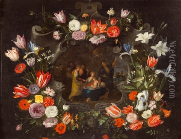Ramos De Flores Adornando Una Orla Con La Sagrada Familia Oil Painting - Jan Brueghel the Elder