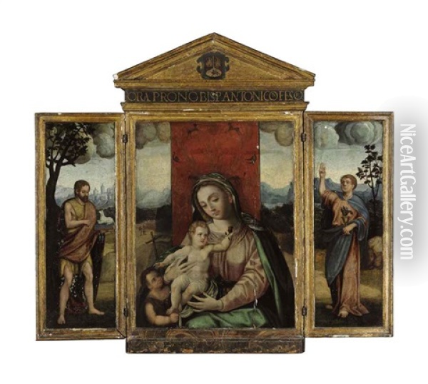 The Virgin And Child With The Young Saint John The Baptist (triptych) Oil Painting - Luis de Morales