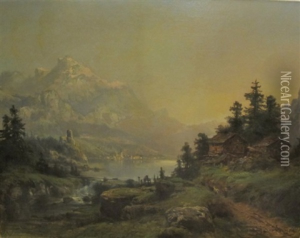 Paysage Lacustre Au Pied Des Alpes Oil Painting - Theodore Levigne