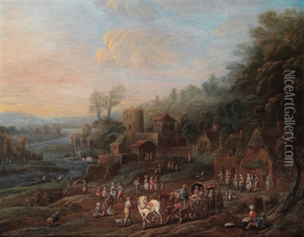 Eine Weite Flusslandschaft Mit Reisenden Auf Einem Pfad, Im Hintergrund Ein Befestigtes Anwesen Oil Painting - Maximilian Blommaerdt