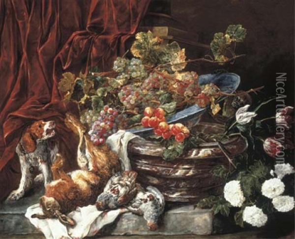 Grapes And Apricots In A Porcelain Bowl On A Marble Pot With Flowers, Dead Partridges, A Hare, And A Spaniel Barking At A Monkey... Oil Painting - Jan Fyt