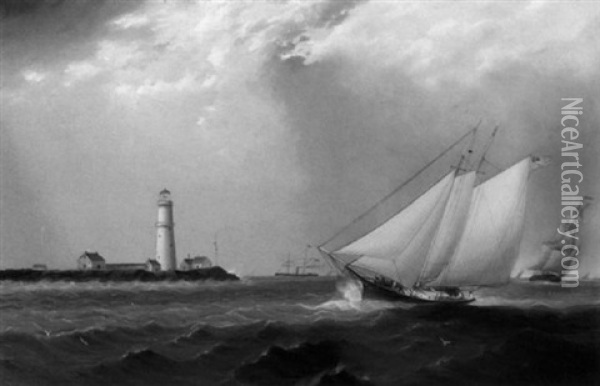 Schooner And Vessels Off The New England Coast With A Lighthouse In The Distance Oil Painting - James Edward Buttersworth
