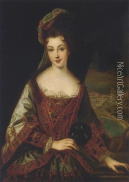 Portrait Of A Lady (marie Adelaide De Savoie, Duchesse De Bourgogne?) Holding A Mask, A View Of A Town Beyond Oil Painting - Jean-Baptiste Santerre
