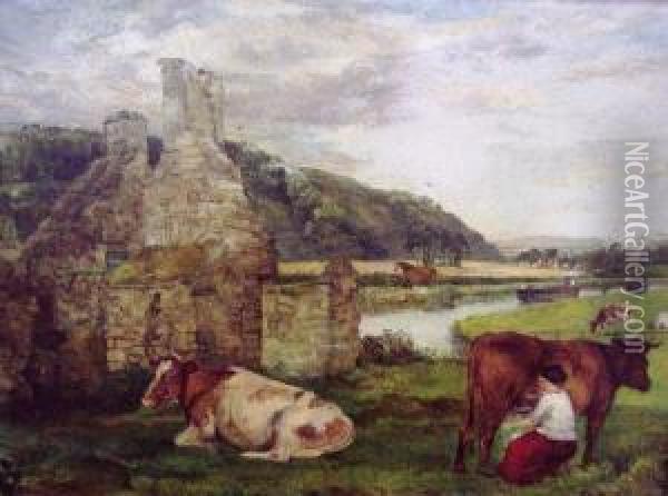 Milking Scene Oil Painting - George William Mote