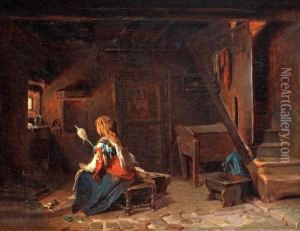 Interior With Italian Woman At The Spinningwheel Oil Painting - Egron Sellif Lundgren