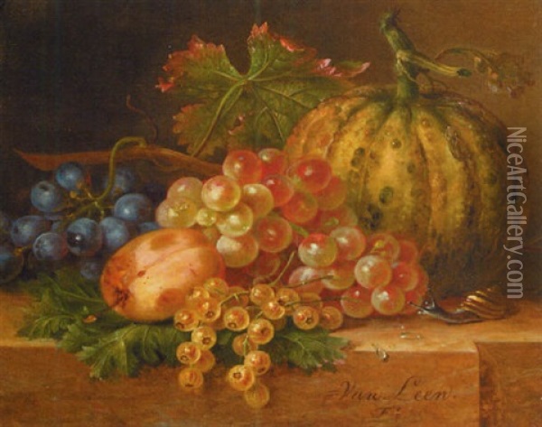 A Melon, Bunches Of Grapes, A Peach And Gooseberries On A Marble Ledge Oil Painting - Willem van Leen