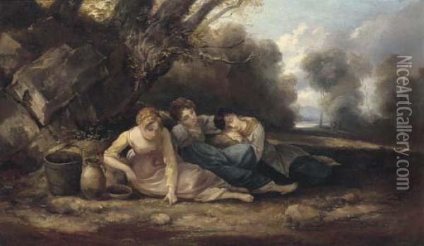 Three Girls Resting In A Landscape Oil Painting - Thomas Barker of Bath