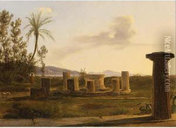 An Italian Landscape With Figures Near A Ruin Oil Painting - Anthonie Sminck Pitloo