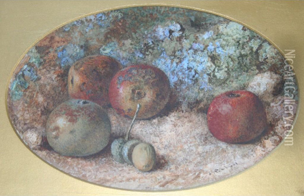 Apples An Acorns By A Mossy Bank Oil Painting - Jabez Bligh