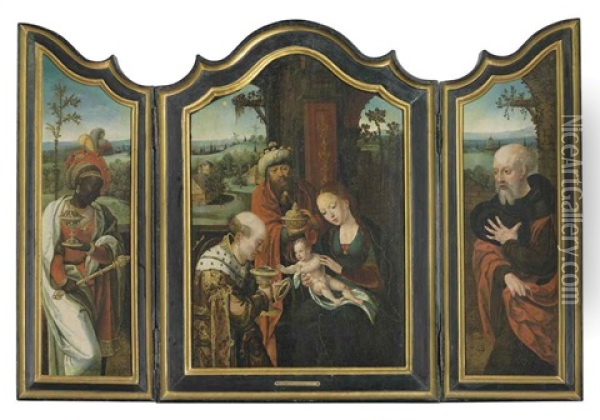 Central Panel: The Adoration Of The Magi; Wings; King Balthasar; And Saint Jerome Oil Painting - Pieter Coeck van Aelst the Younger